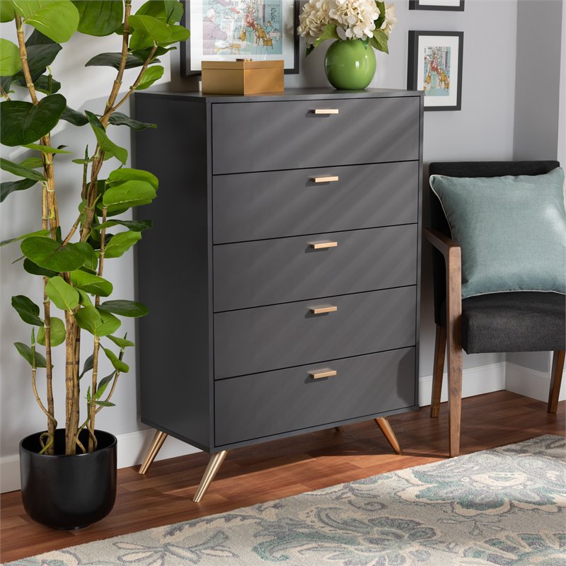 Bowery Hill Dark Grey and Gold Finished Wood 5-Drawer Chest