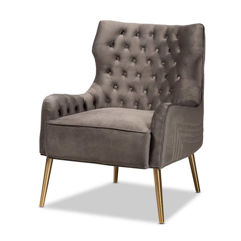 Bowery Hill Modern Gray Velvet Fabric and Gold Finished Metal Armchair