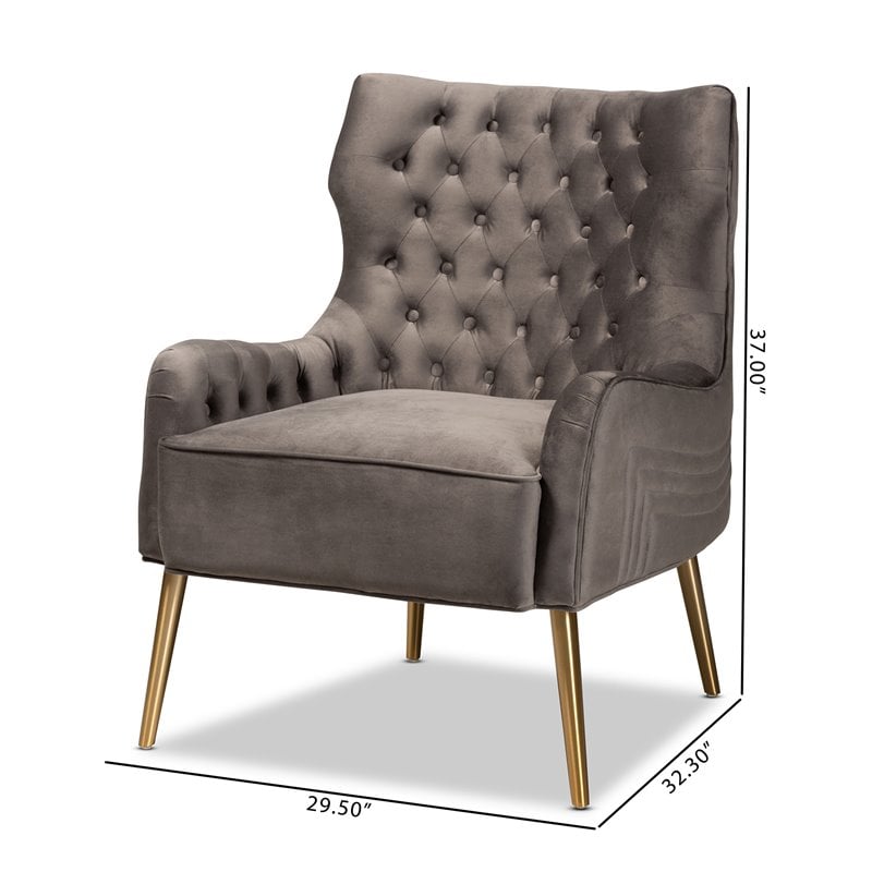 Bowery Hill Modern Gray Velvet Fabric and Gold Finished Metal Armchair