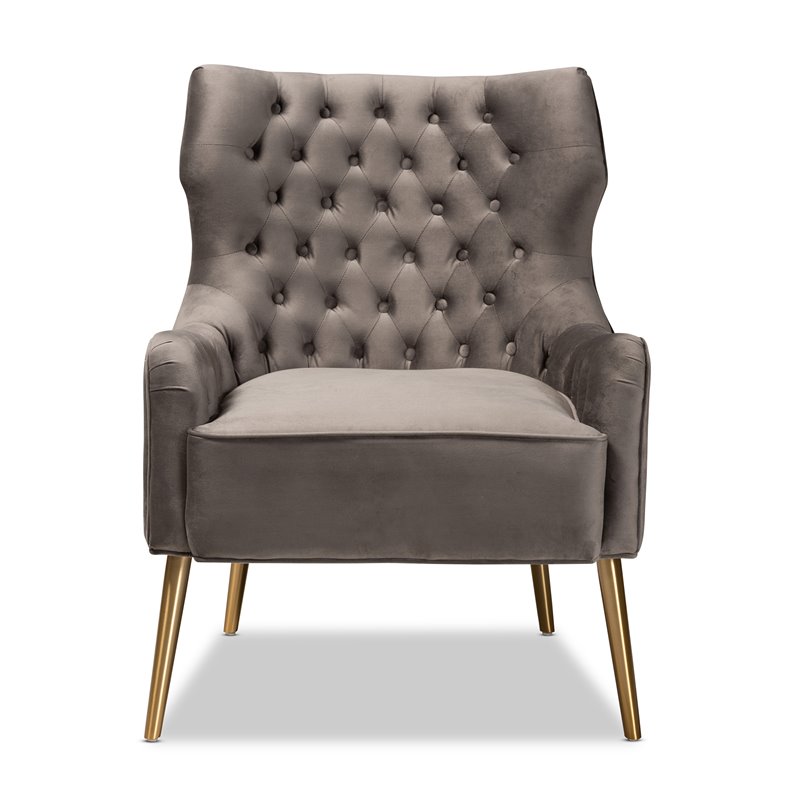 Bowery Hill Modern Gray Velvet Fabric and Gold Finished Metal Armchair