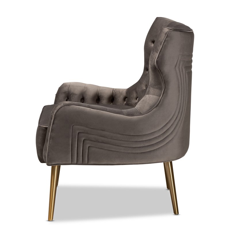Bowery Hill Modern Gray Velvet Fabric and Gold Finished Metal Armchair