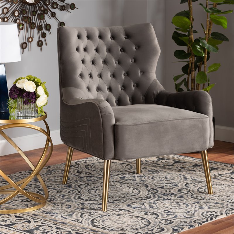 Bowery Hill Modern Gray Velvet Fabric and Gold Finished Metal Armchair