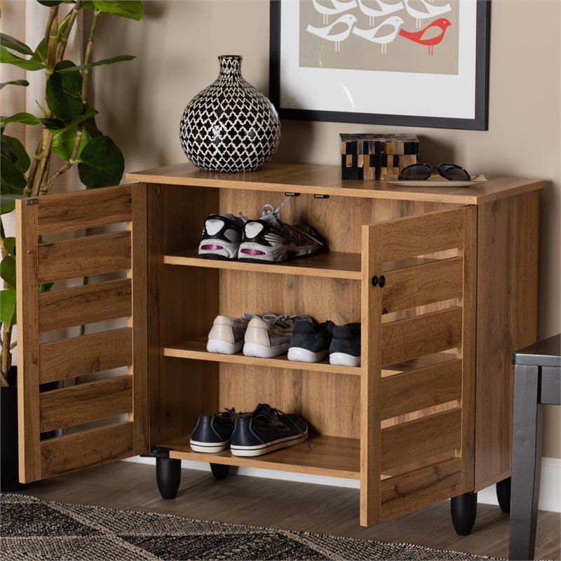Bowery Hill Oak Brown Finished Wood 2-Door Shoe Storage Cabinet