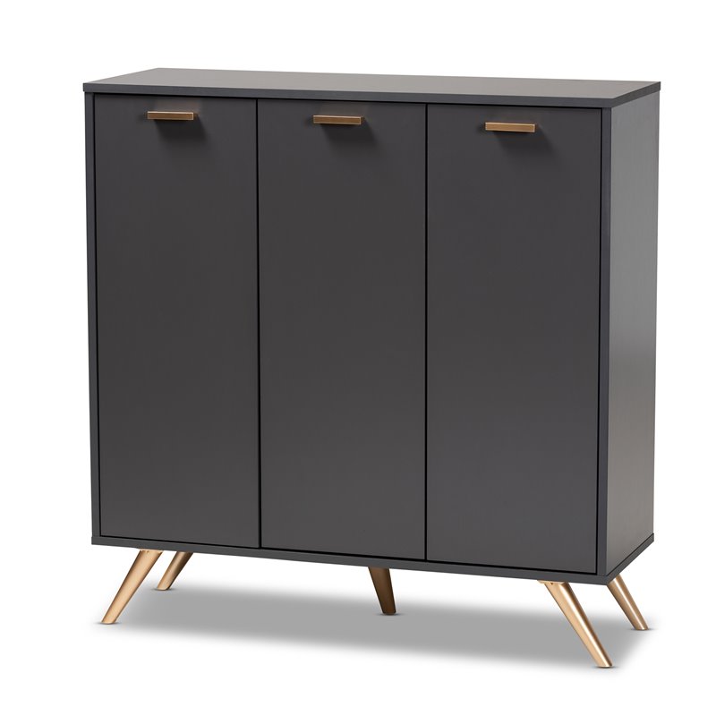 Bowery Hill Dark Gray and Gold Finished Wood 3-Door Shoe Cabinet