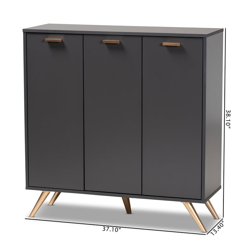 Bowery Hill Dark Gray and Gold Finished Wood 3-Door Shoe Cabinet