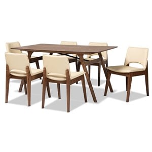 Bowery Hill Beige Faux Leather and Brown Wood 7-Piece Dining Set