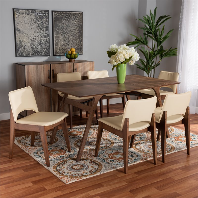 Bowery Hill Beige Faux Leather and Brown Wood 7-Piece Dining Set
