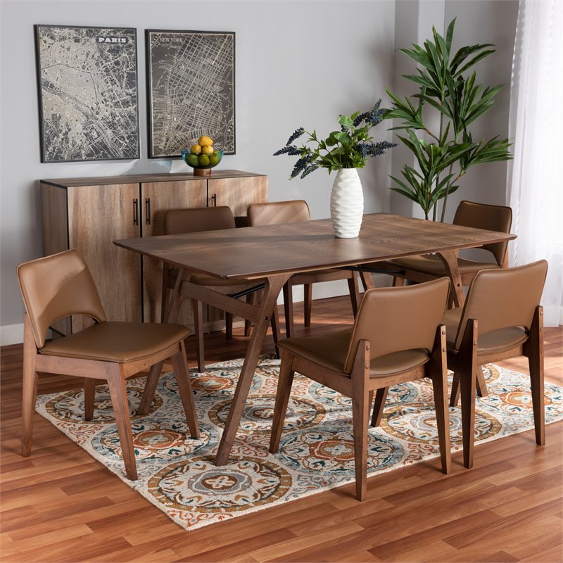 Bowery Hill Brown Faux Leather and Brown Wood 7-Piece Dining Set