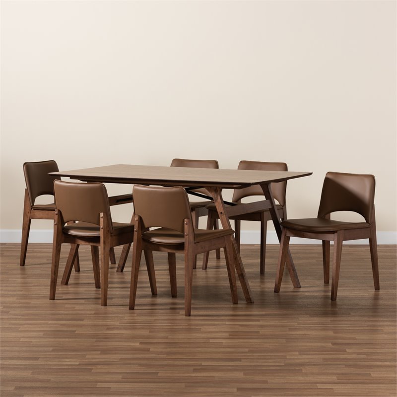 Bowery Hill Brown Faux Leather and Brown Wood 7-Piece Dining Set