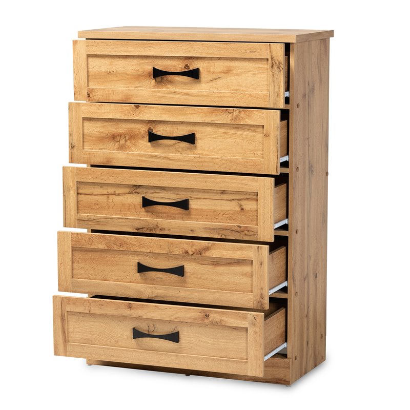 Bowery Hill Oak Brown Finished Wood 5-Drawer Tallboy Storage Chest