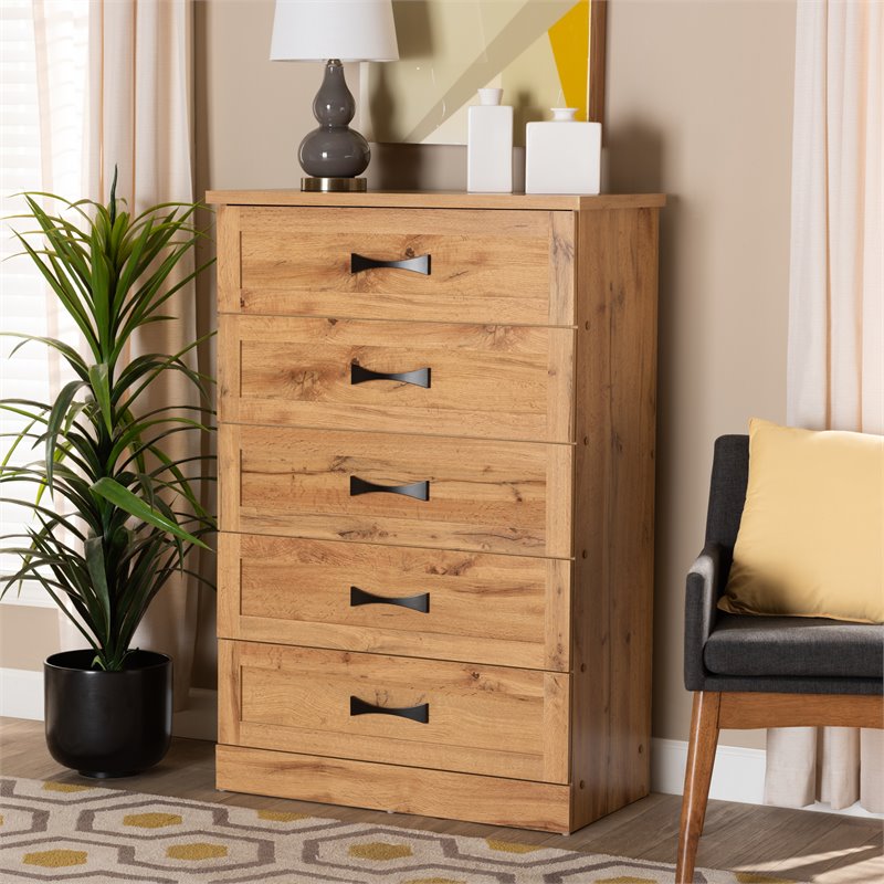 Bowery Hill Oak Brown Finished Wood 5-Drawer Tallboy Storage Chest