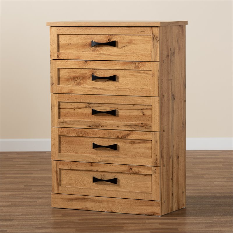 Bowery Hill Oak Brown Finished Wood 5-Drawer Tallboy Storage Chest