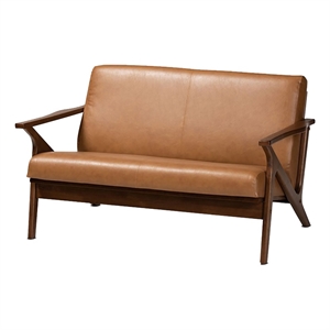 Bowery Hill 16.54&quot Mid-Century Wood/Faux Leather Loveseat in Walnut Brown/Tan