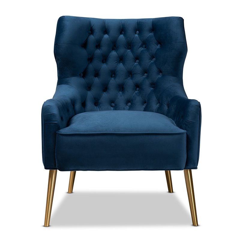 Bowery Hill Modern Navy Blue Velvet Fabric and Gold Finished Metal Armchair