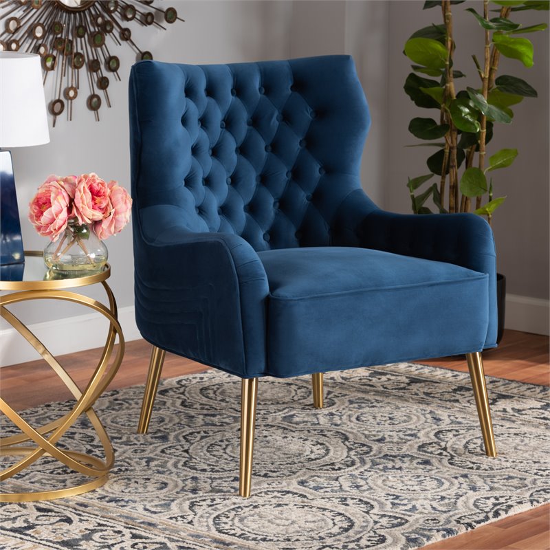Bowery Hill Modern Navy Blue Velvet Fabric and Gold Finished Metal Armchair