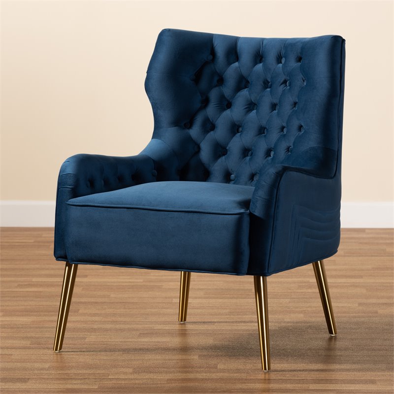Bowery Hill Modern Navy Blue Velvet Fabric and Gold Finished Metal Armchair
