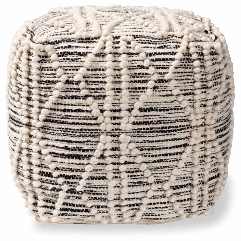 Bowery Hill Moroccan Inspired Ivory and Black Wool Blend Pouf Ottoman