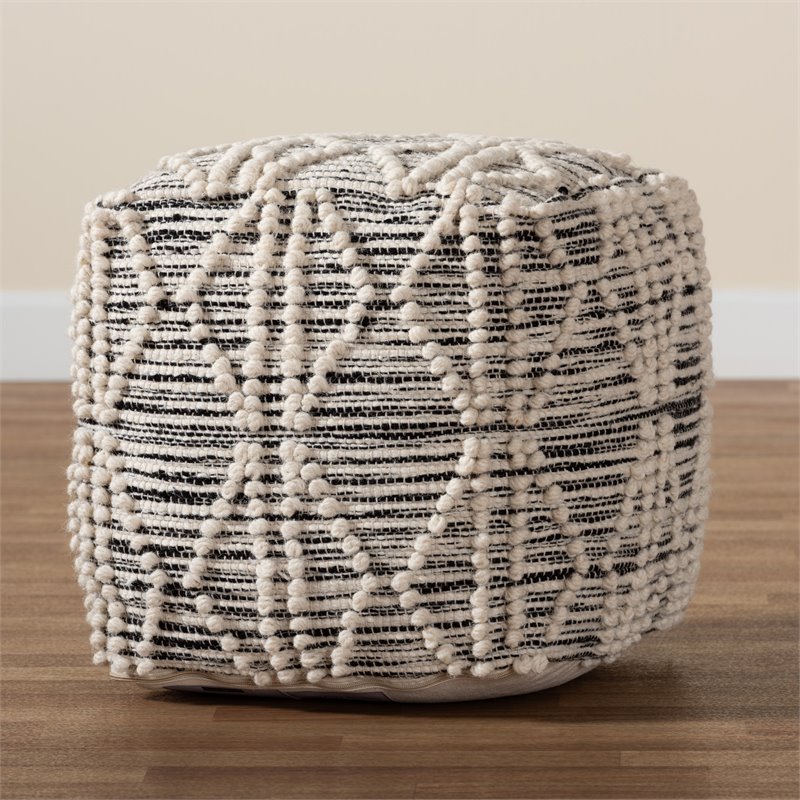 Bowery Hill Moroccan Inspired Ivory and Black Wool Blend Pouf Ottoman