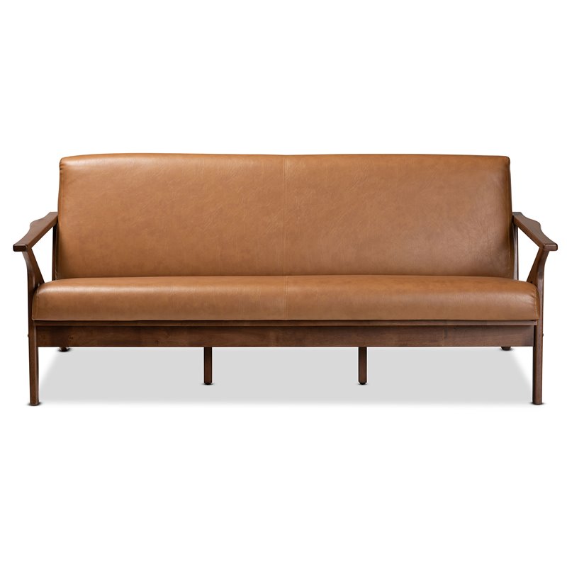 Bowery Hill Walnut Brown Finished Wood and Tan Faux Leather Effect Sofa