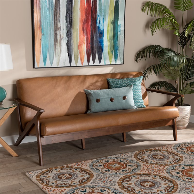 Bowery Hill Walnut Brown Finished Wood and Tan Faux Leather Effect Sofa