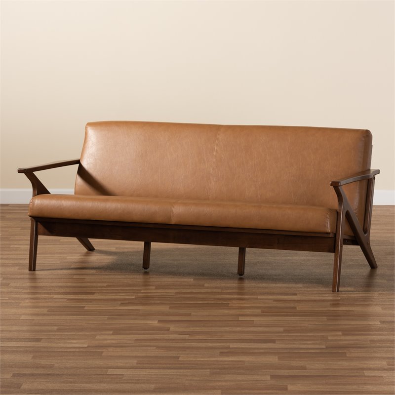 Bowery Hill Walnut Brown Finished Wood and Tan Faux Leather Effect Sofa