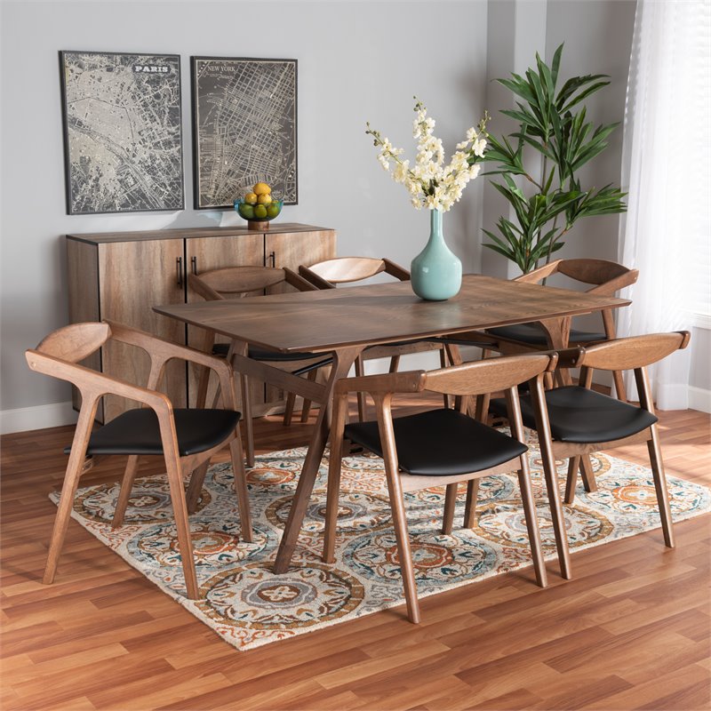 Bowery Hill Black Faux Leather and Brown Finished Wood 7-Piece Dining Set
