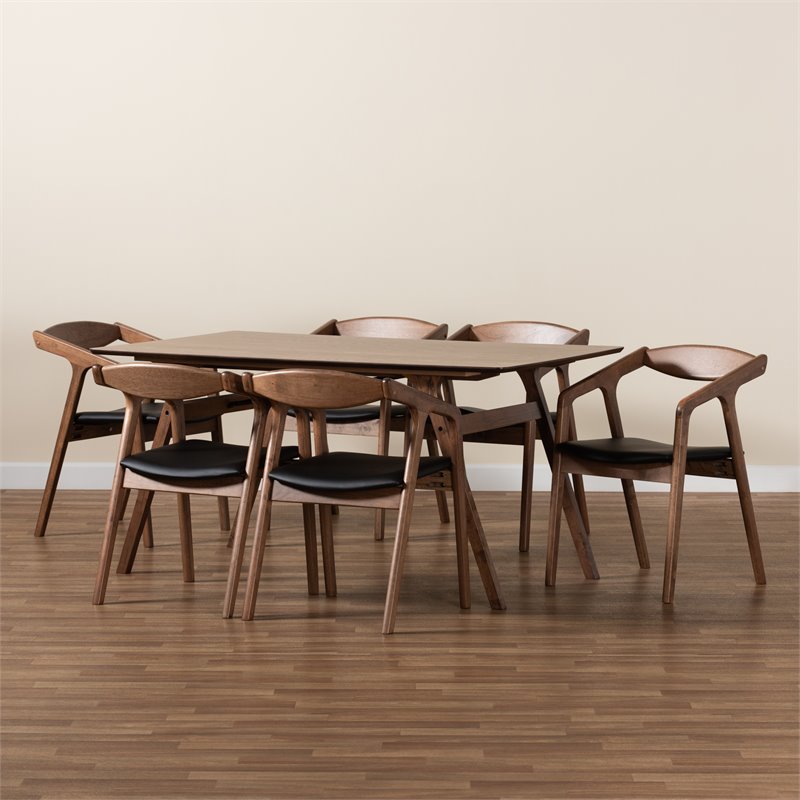 Bowery Hill Black Faux Leather and Brown Finished Wood 7-Piece Dining Set