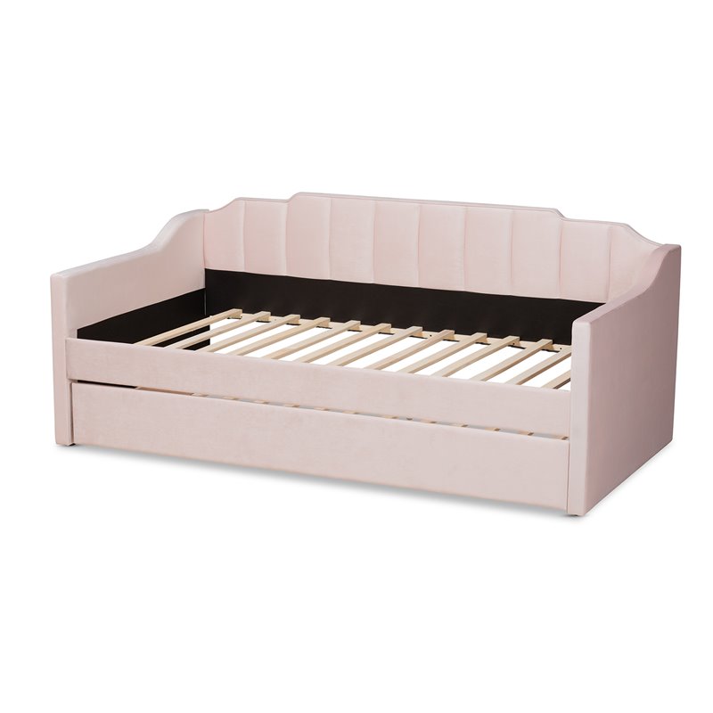 Bowery Hill Contemporary Velvet Twin Size Daybed with Trundle in Pink