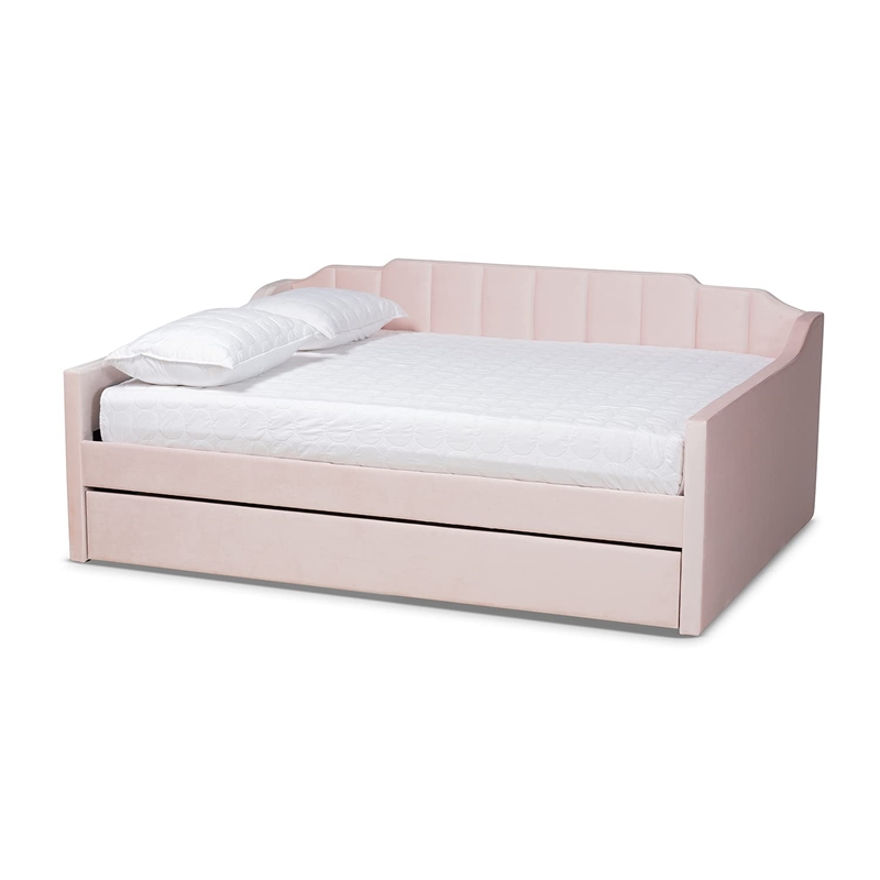 Bowery Hill Contemporary Velvet Full Size Daybed with Trundle in Pink
