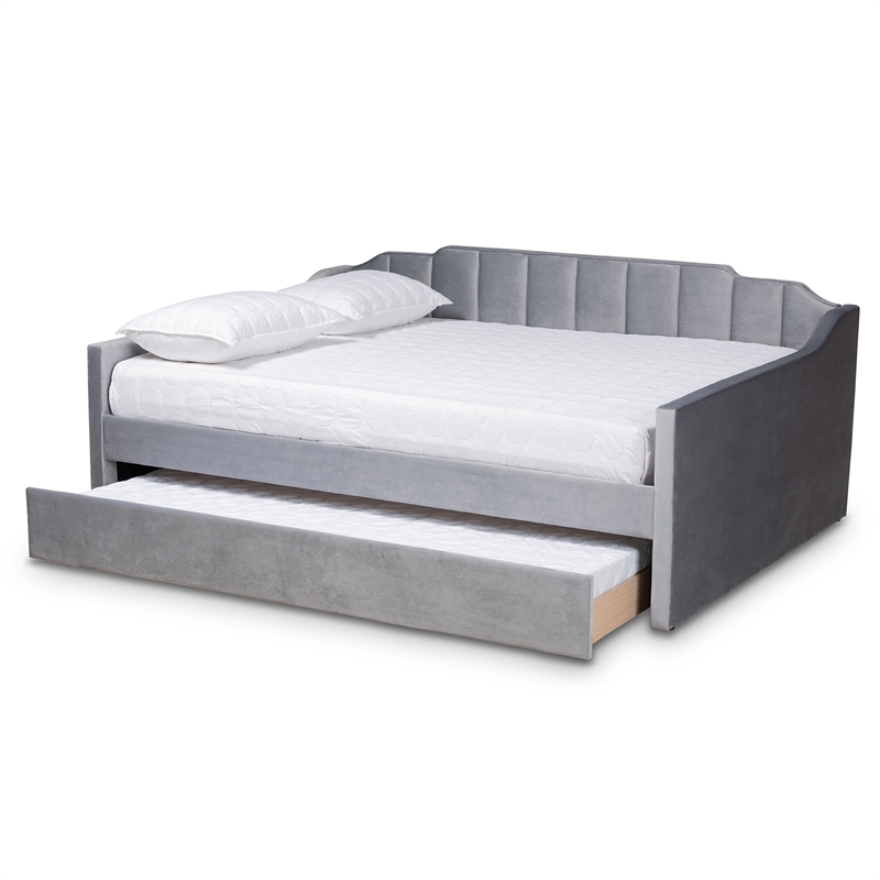 Bowery Hill Contemporary Velvet Full Size Daybed with Trundle in Gray