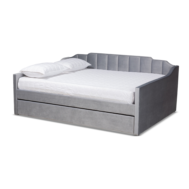 Bowery Hill Contemporary Velvet Full Size Daybed with Trundle in Gray