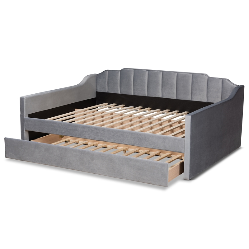 Bowery Hill Contemporary Velvet Full Size Daybed with Trundle in Gray