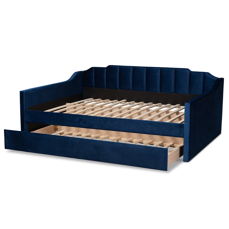 Bowery Hill Contemporary Velvet Full Size Daybed with Trundle in Blue