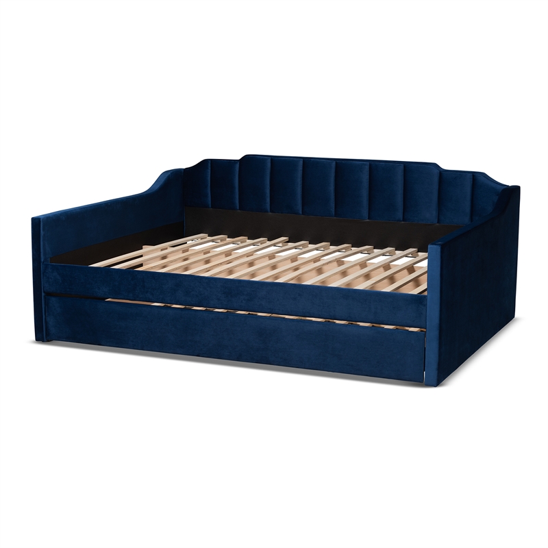 Bowery Hill Contemporary Velvet Full Size Daybed with Trundle in Blue