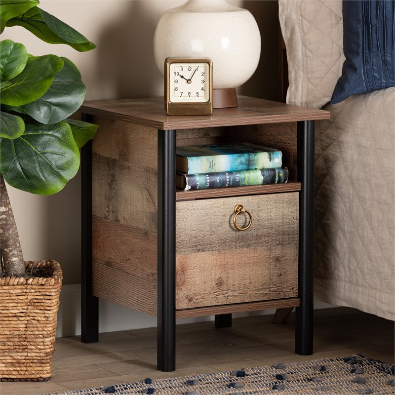 Bowery Hill Two-Tone Oak Brown and Black Finished Wood Nightstand