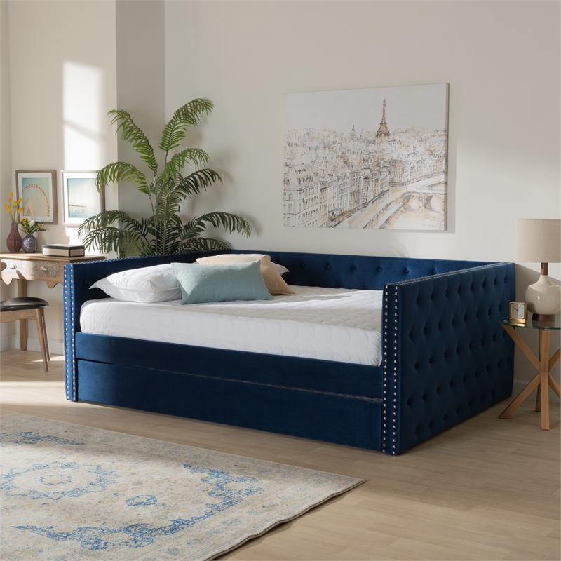 Bowery Hill Contemporary Velvet Upholstered Full Size Daybed w/ Trundle in Blue
