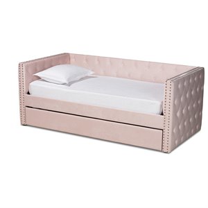Bowery Hill Contemporary Pink Velvet Upholstered Twin Size Daybed with Trundle