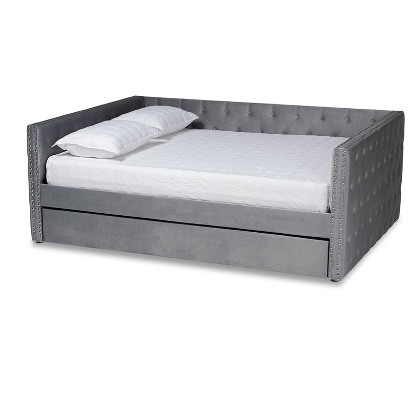 Bowery Hill Grey Velvet Upholstered Queen Size Daybed with Trundle