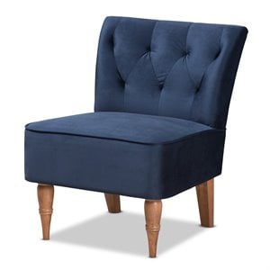 Bowery Hill Contemporary Blue Velvet and Walnut Brown Finished Wood Accent Chair