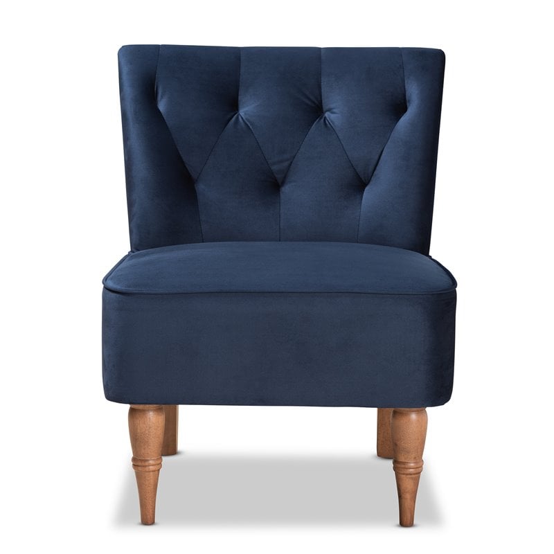 Bowery Hill Contemporary Blue Velvet and Walnut Brown Finished Wood Accent Chair