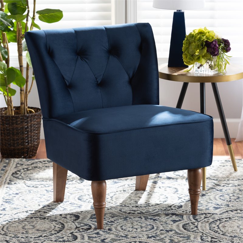 Bowery Hill Contemporary Blue Velvet and Walnut Brown Finished Wood Accent Chair