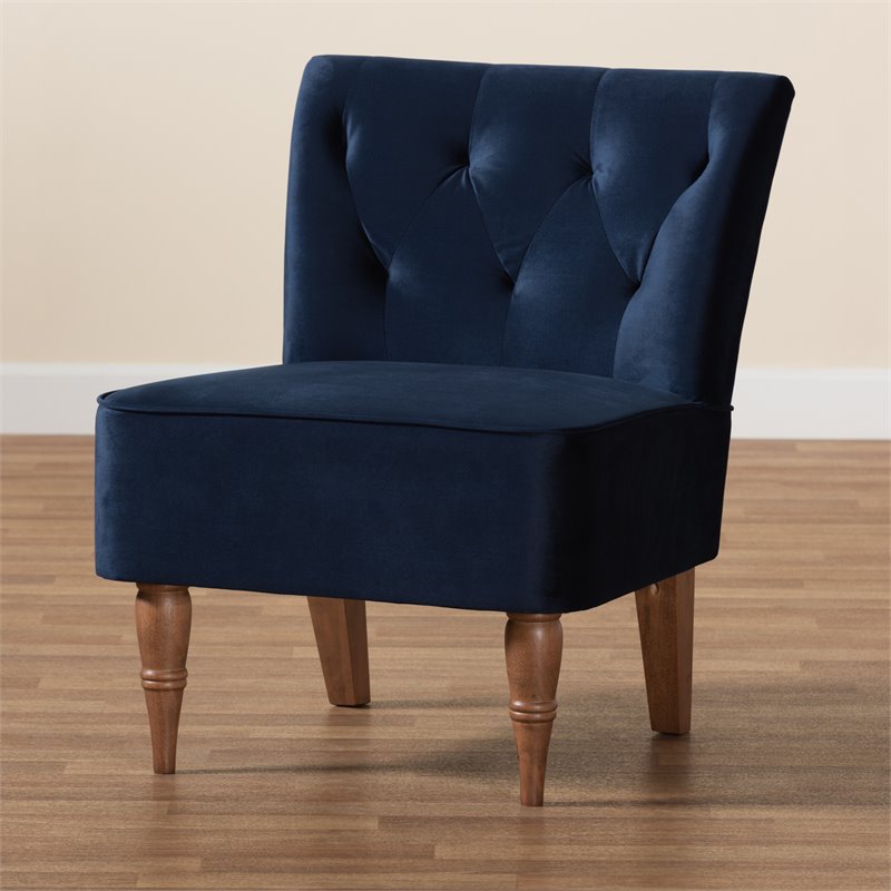 Bowery Hill Contemporary Blue Velvet and Walnut Brown Finished Wood Accent Chair