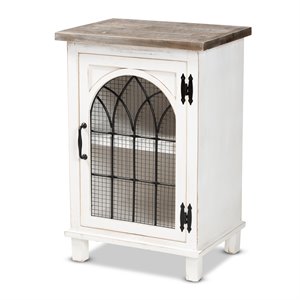 bowery hill distressed white and brown finished wood 1-door nightstand
