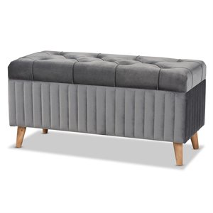 Bowery Hill Modern Grey Velvet Fabric and Brown Finished Wood Storage Ottoman