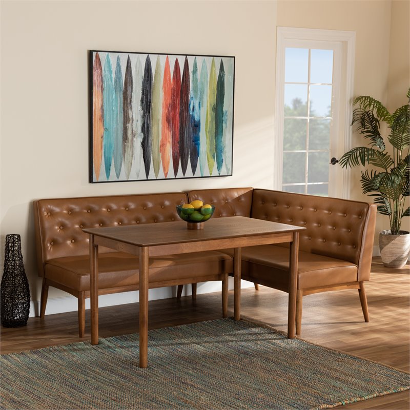 Bowery Hill Tan and Walnut Brown Finished Wood 3-Piece Dining Nook Set
