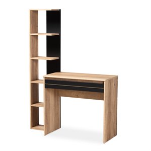 bowery hill two-tone black and oak brown finished wood desk with shelves