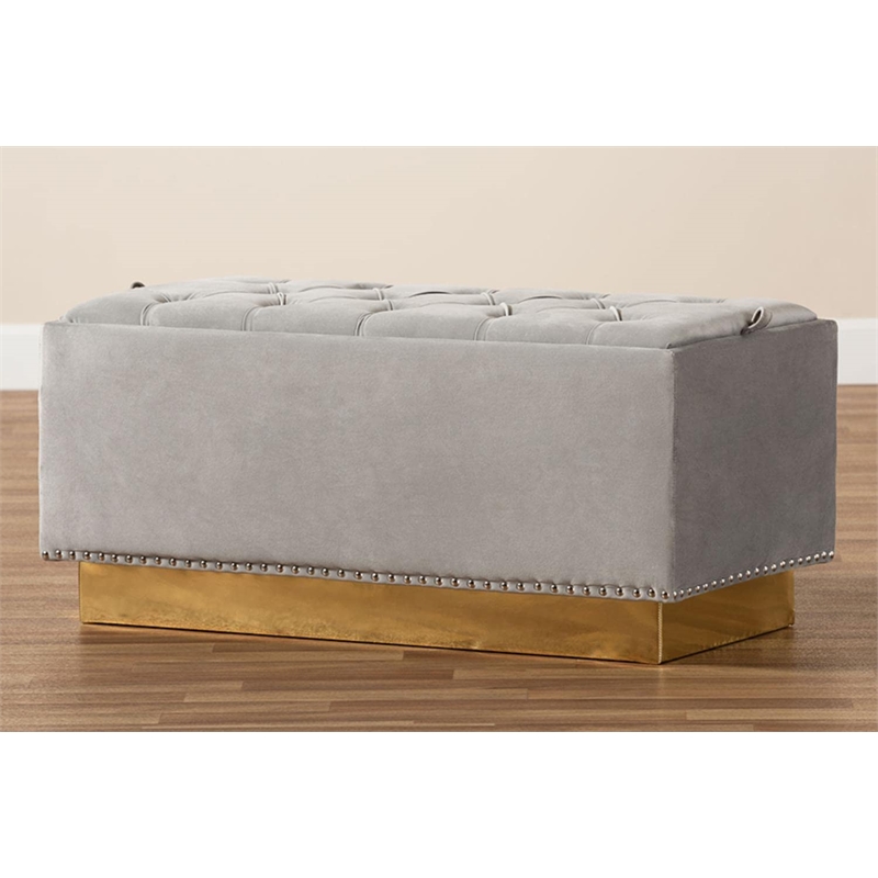 Bowery Hill Grey Velvet Fabric Upholstered and Gold PU Leather Storage Ottoman