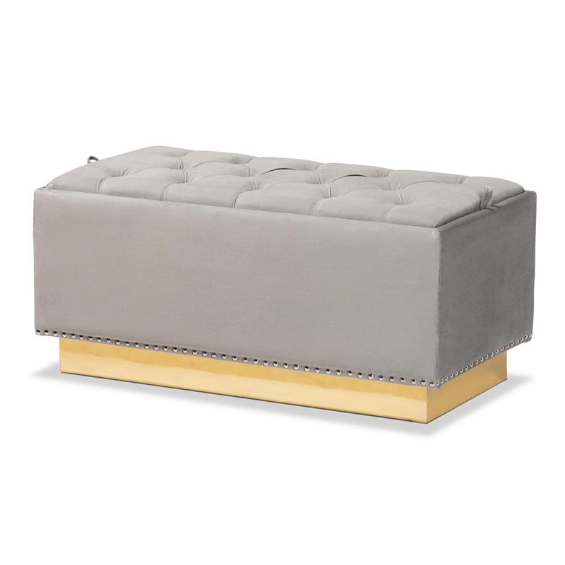 Bowery Hill Grey Velvet Fabric Upholstered and Gold PU Leather Storage Ottoman