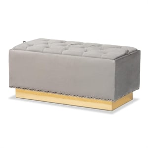 Bowery Hill Grey Velvet Fabric Upholstered and Gold PU Leather Storage Ottoman