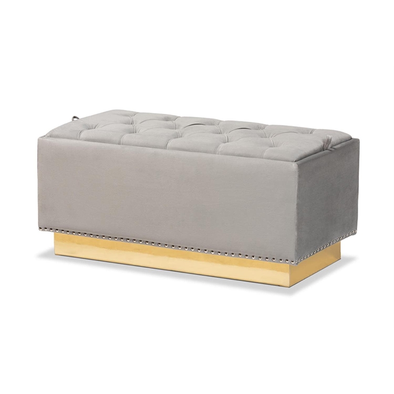 Bowery Hill Grey Velvet Fabric Upholstered and Gold PU Leather Storage Ottoman
